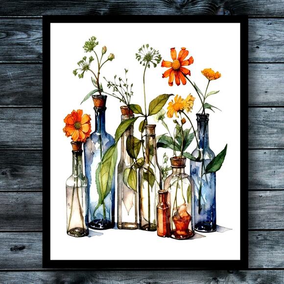 Handmade Other - Spring Flower Blossoms in Bottles Elegant Botanical Art Print